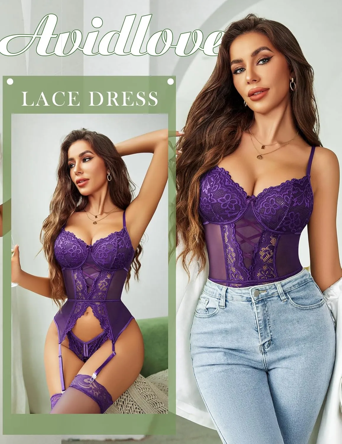 Avidlove Garter Lingerie for Women Floral Lace Babydoll Bodysuit Bra and Panty Set