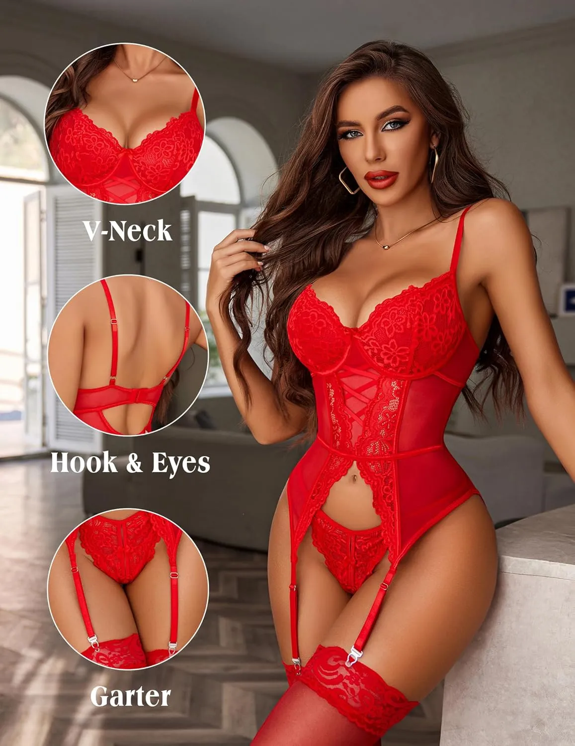 Avidlove Garter Lingerie for Women Floral Lace Babydoll Bodysuit Bra and Panty Set