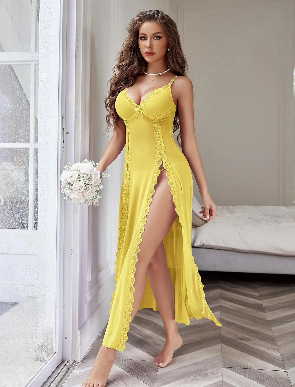 Avidlove Women Lingerie Lace Babydoll Chemise Sexy Mesh Nightdress V Neck Nightwear Side Split Nightgown