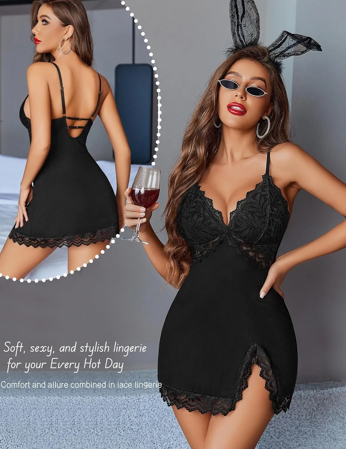 Avidlove Women Lingerie Lace Nightgown Chemise Spaghetti Strap Babydoll Modal Sleepwear V-Neck Full Slip Side Slit Nightwear