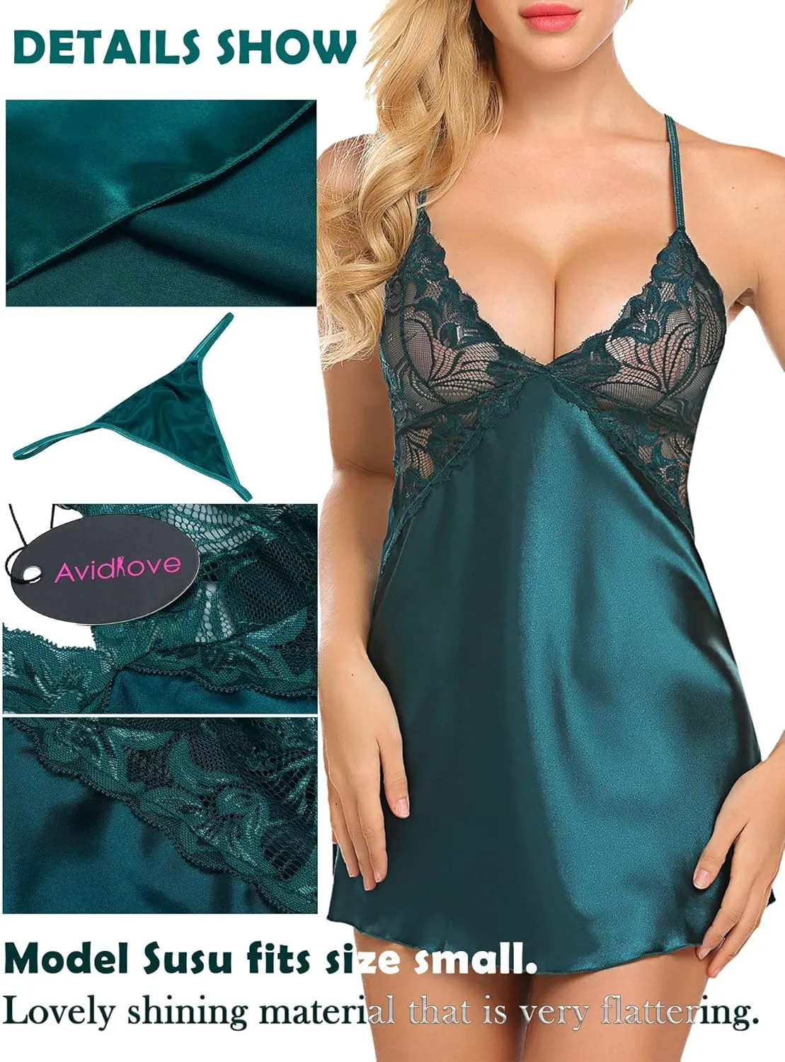 Avidlove Women Lingerie V Neck Nightwear Satin Sleepwear Lace Chemise Mini Teddy