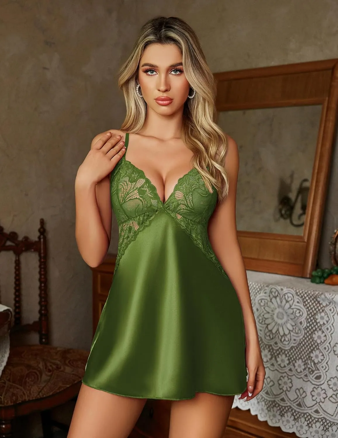 Avidlove Women Lingerie V Neck Nightwear Satin Sleepwear Lace Chemise Mini Teddy