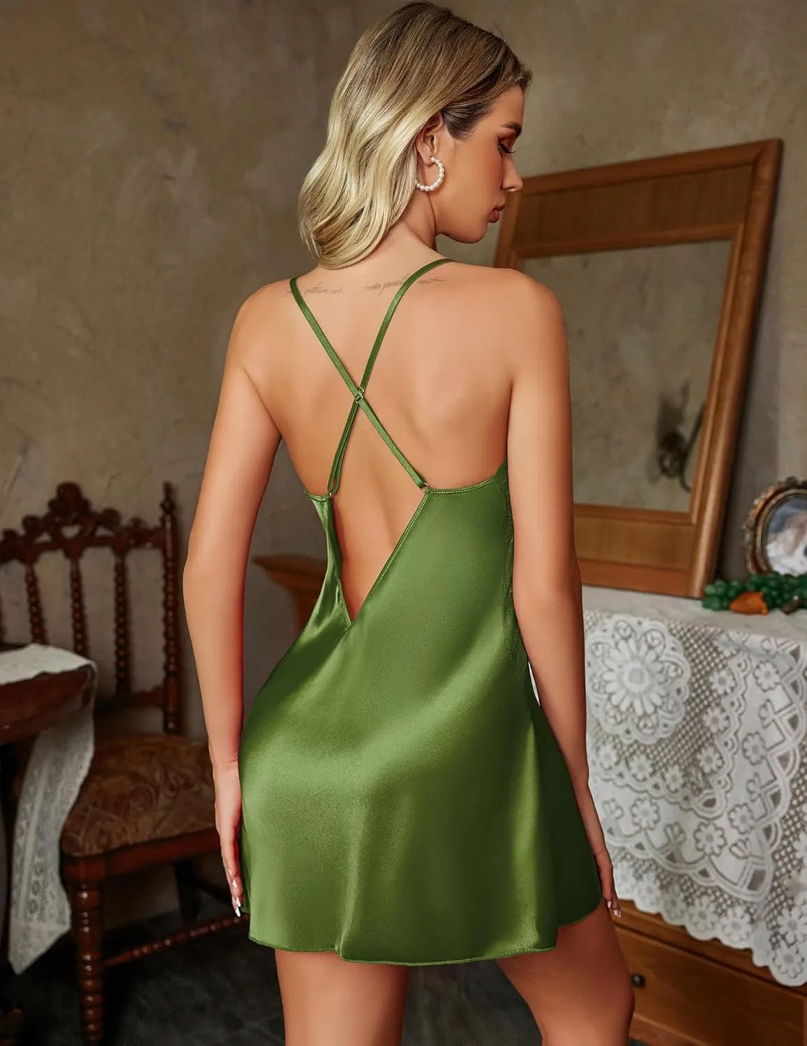 Avidlove Women Lingerie V Neck Nightwear Satin Sleepwear Lace Chemise Mini Teddy