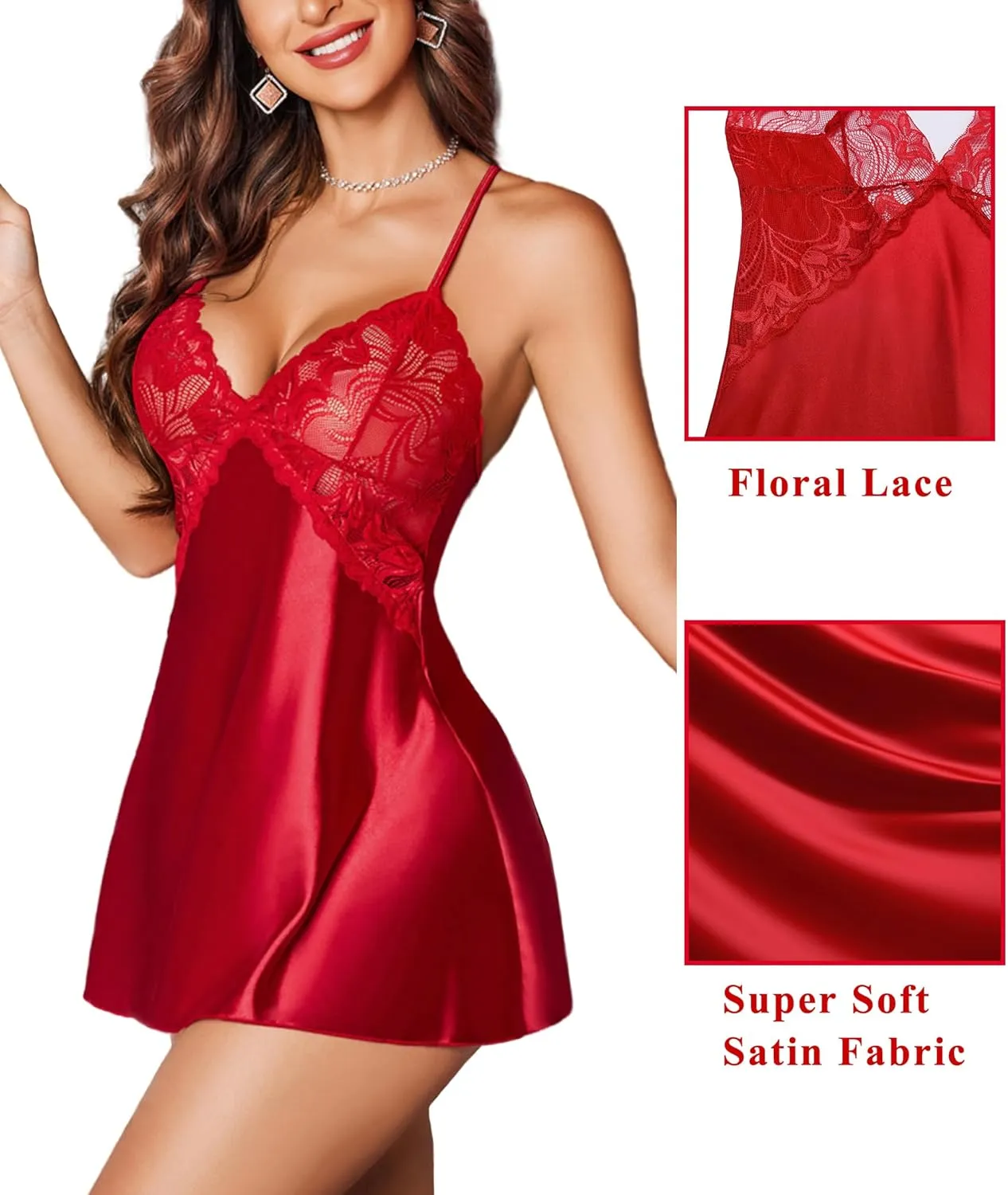 Avidlove Women Lingerie V Neck Nightwear Satin Sleepwear Lace Chemise Mini Teddy