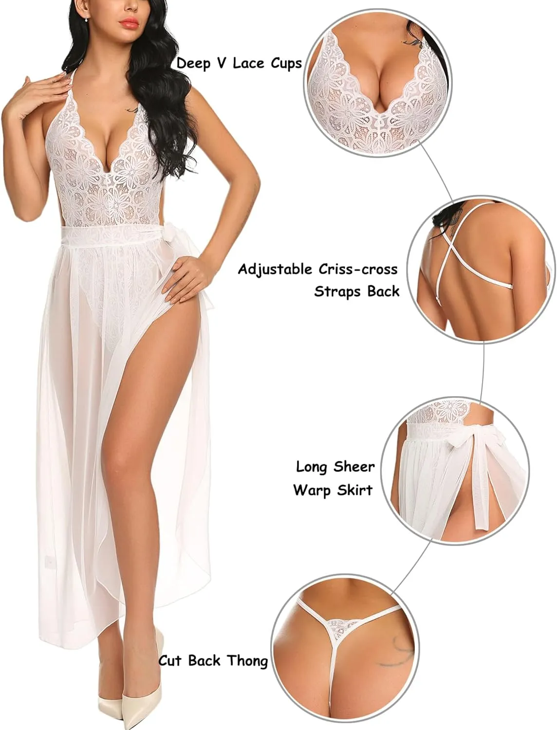 Avidlove Women One Piece Lingerie Deep V Lace Bodysuit Mosaic Lace Teddy Mesh Skirt