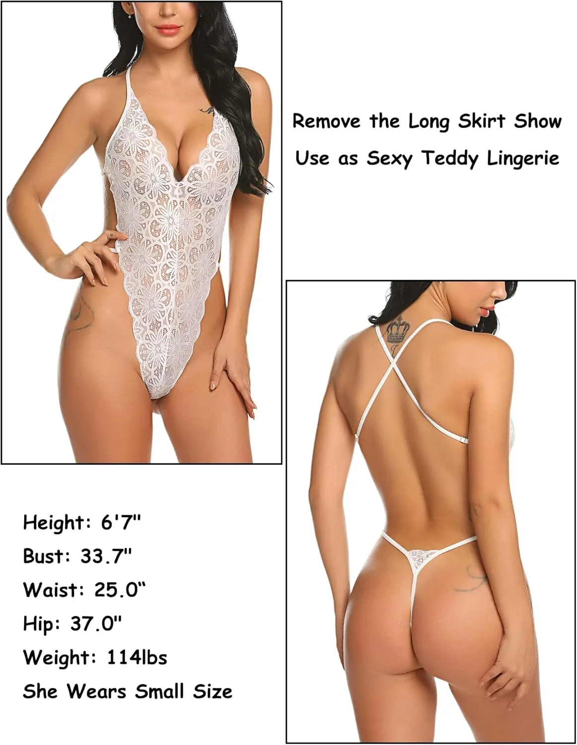 Avidlove Women One Piece Lingerie Deep V Lace Bodysuit Mosaic Lace Teddy Mesh Skirt