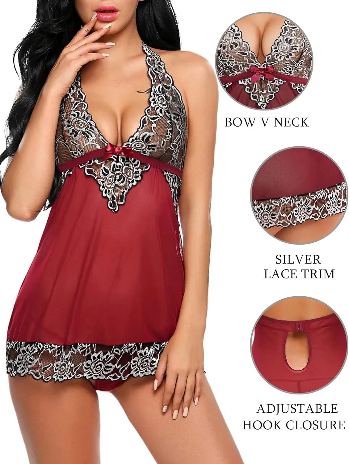 Avidlove Women V-Neck Lingerie Lace Babydoll Mesh Chemise Nightwear Outfits S-4XL