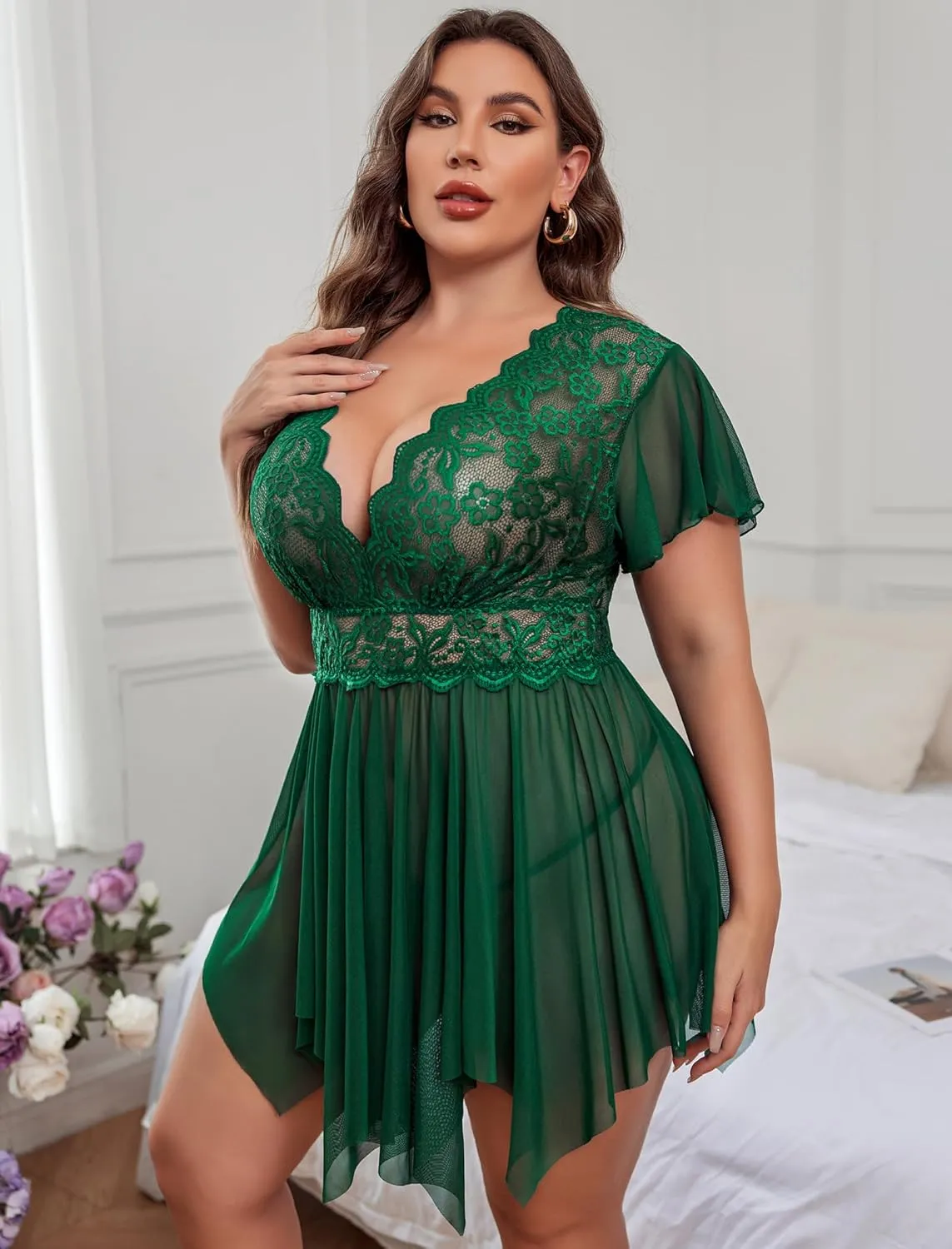 Avidlove Women's Plus Size Babydoll Floral Lace Lingerie Deep V Nighty Mesh Sleepwear