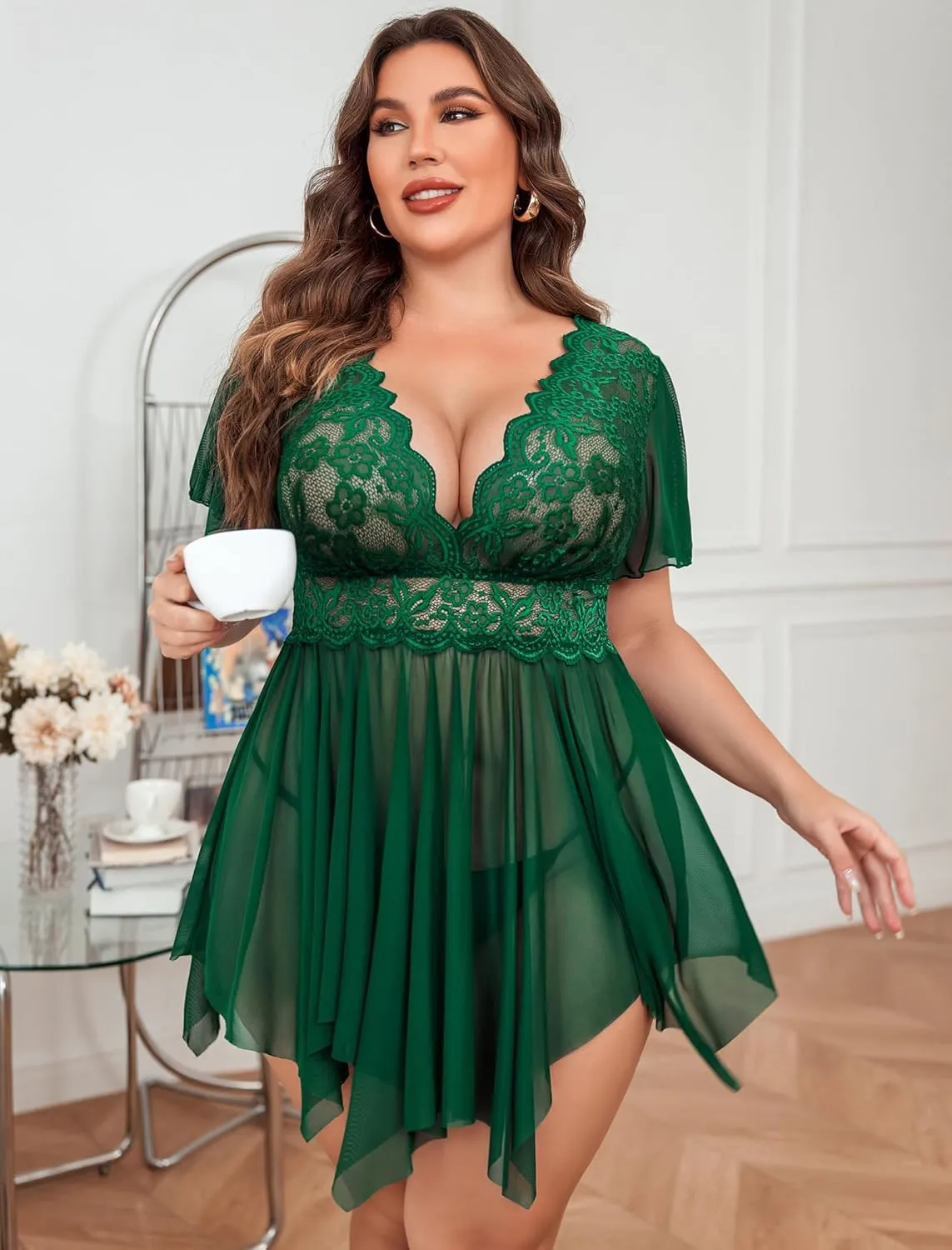 Avidlove Women's Plus Size Babydoll Floral Lace Lingerie Deep V Nighty Mesh Sleepwear