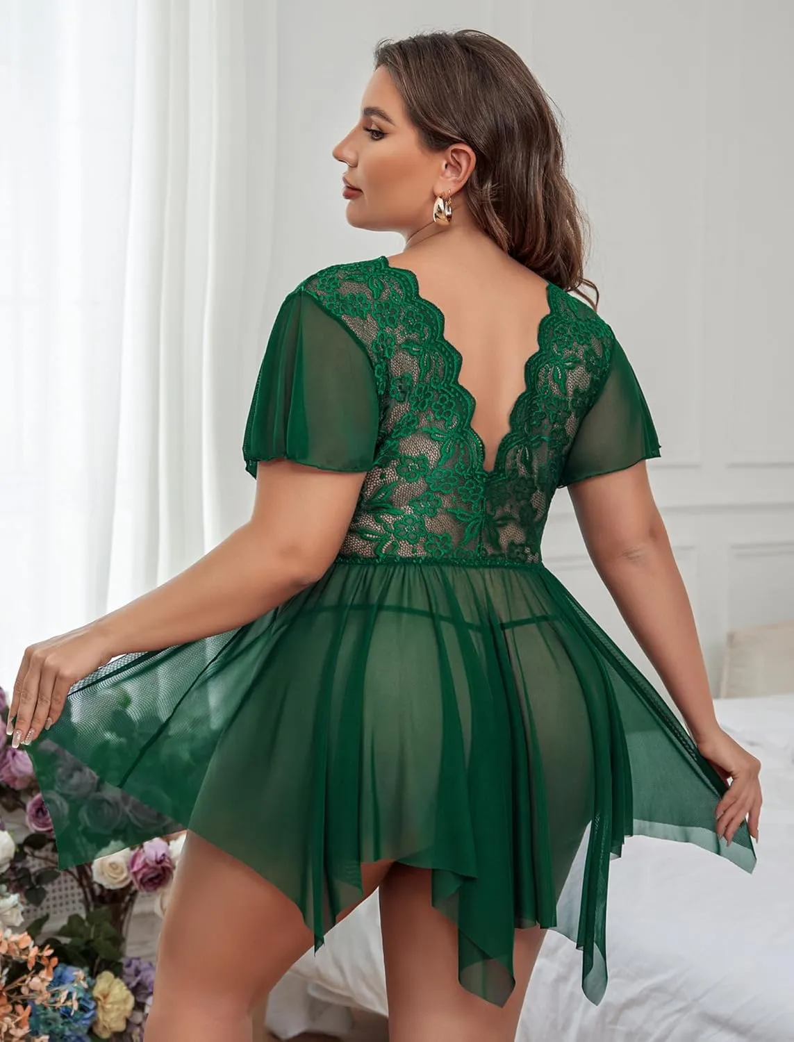 Avidlove Women's Plus Size Babydoll Floral Lace Lingerie Deep V Nighty Mesh Sleepwear