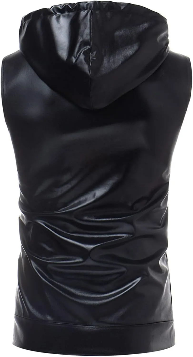 Bling Shiny Fashion Hoodie Vest for Men Hipster Metallic Zip Up Sleeveless Hooded Vest 70s Disco T Shirt with Pocket
