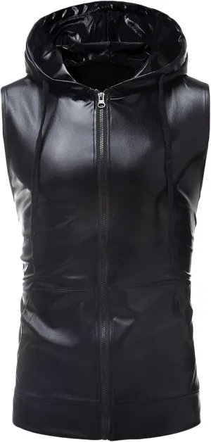 Bling Shiny Fashion Hoodie Vest for Men Hipster Metallic Zip Up Sleeveless Hooded Vest 70s Disco T Shirt with Pocket