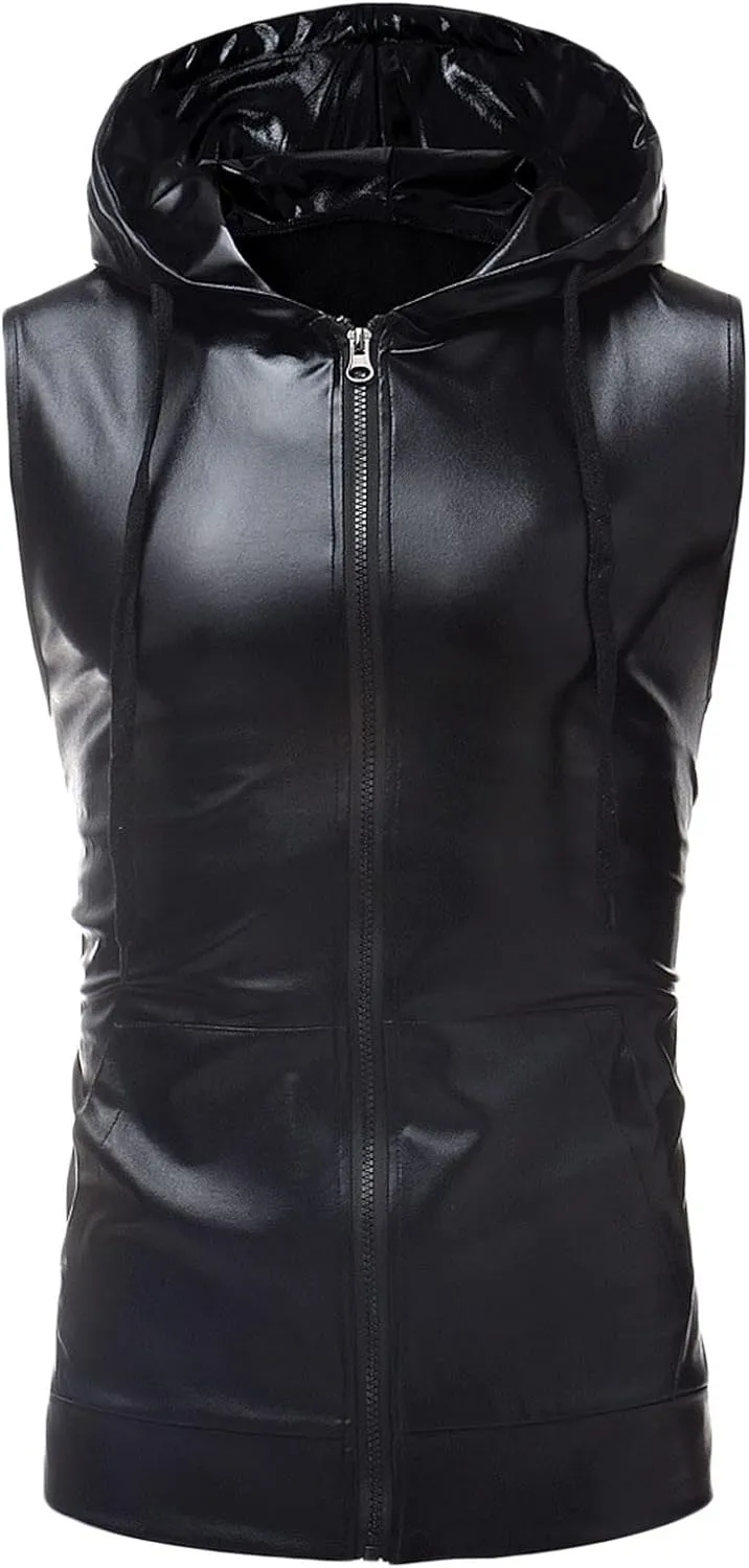 Bling Shiny Fashion Hoodie Vest for Men Hipster Metallic Zip Up Sleeveless Hooded Vest 70s Disco T Shirt with Pocket