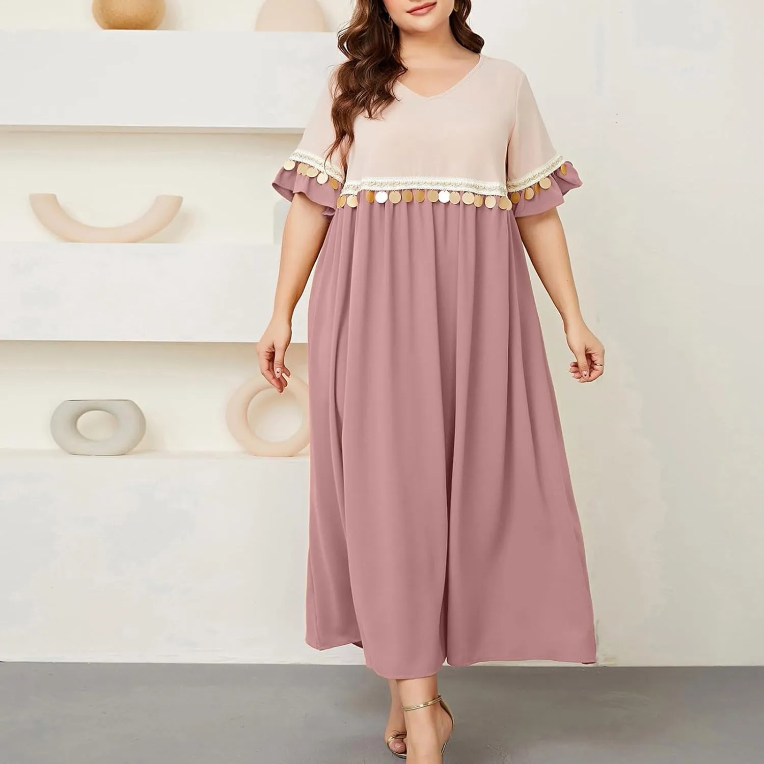 Borniu Plus Size Women's Sequin Tassel Loose V-Neck Long Short-Sleeved A-Line Swing Maxi Dress Summer Loose Casual Dresses