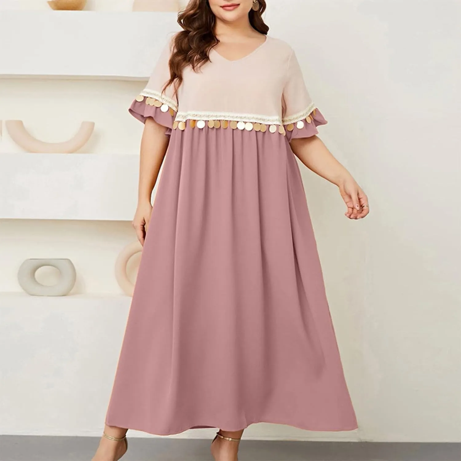 Borniu Plus Size Women's Sequin Tassel Loose V-Neck Long Short-Sleeved A-Line Swing Maxi Dress Summer Loose Casual Dresses