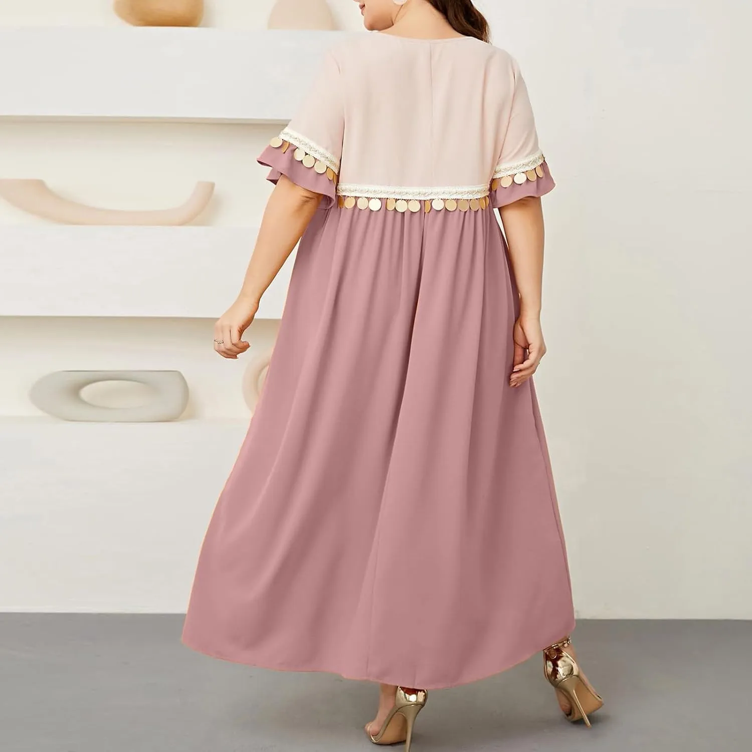 Borniu Plus Size Women's Sequin Tassel Loose V-Neck Long Short-Sleeved A-Line Swing Maxi Dress Summer Loose Casual Dresses