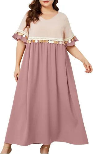 Borniu Plus Size Women's Sequin Tassel Loose V-Neck Long Short-Sleeved A-Line Swing Maxi Dress Summer Loose Casual Dresses