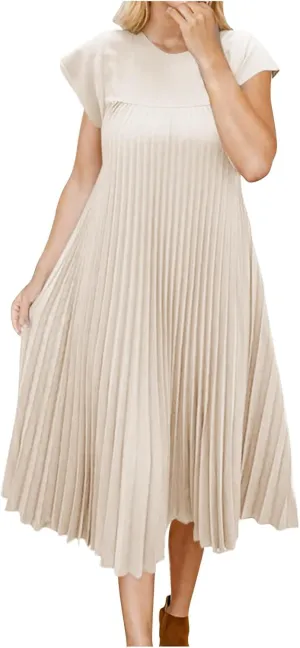 Borniu Women's Cap Sleeve Pleated Cute Dress Ruffle Hem Crew Neck Elegant Crewneck Loose Fit Flowy Swing Long Midi Dresses