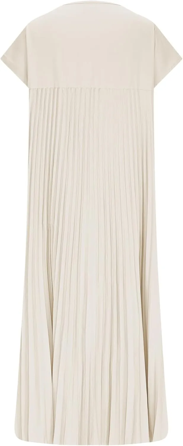 Borniu Women's Cap Sleeve Pleated Cute Dress Ruffle Hem Crew Neck Elegant Crewneck Loose Fit Flowy Swing Long Midi Dresses