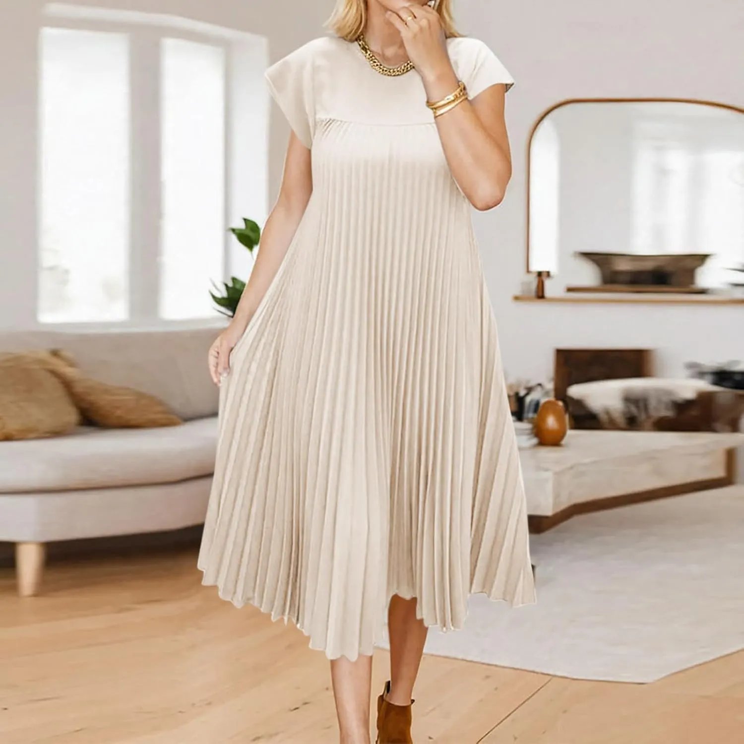 Borniu Women's Cap Sleeve Pleated Cute Dress Ruffle Hem Crew Neck Elegant Crewneck Loose Fit Flowy Swing Long Midi Dresses