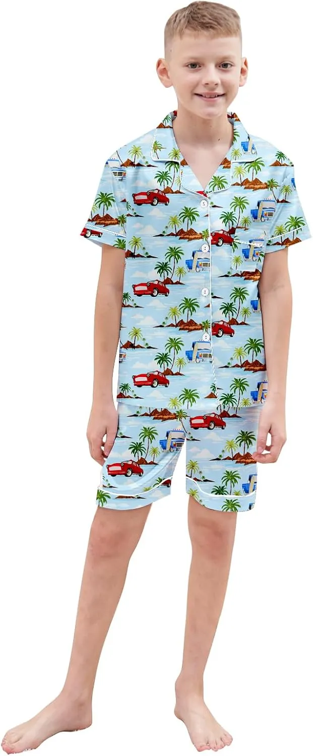 Boys & Mens Silk Pajamas Button Down Sleepwear Satin Nightwear 2 Pcs Pj Set