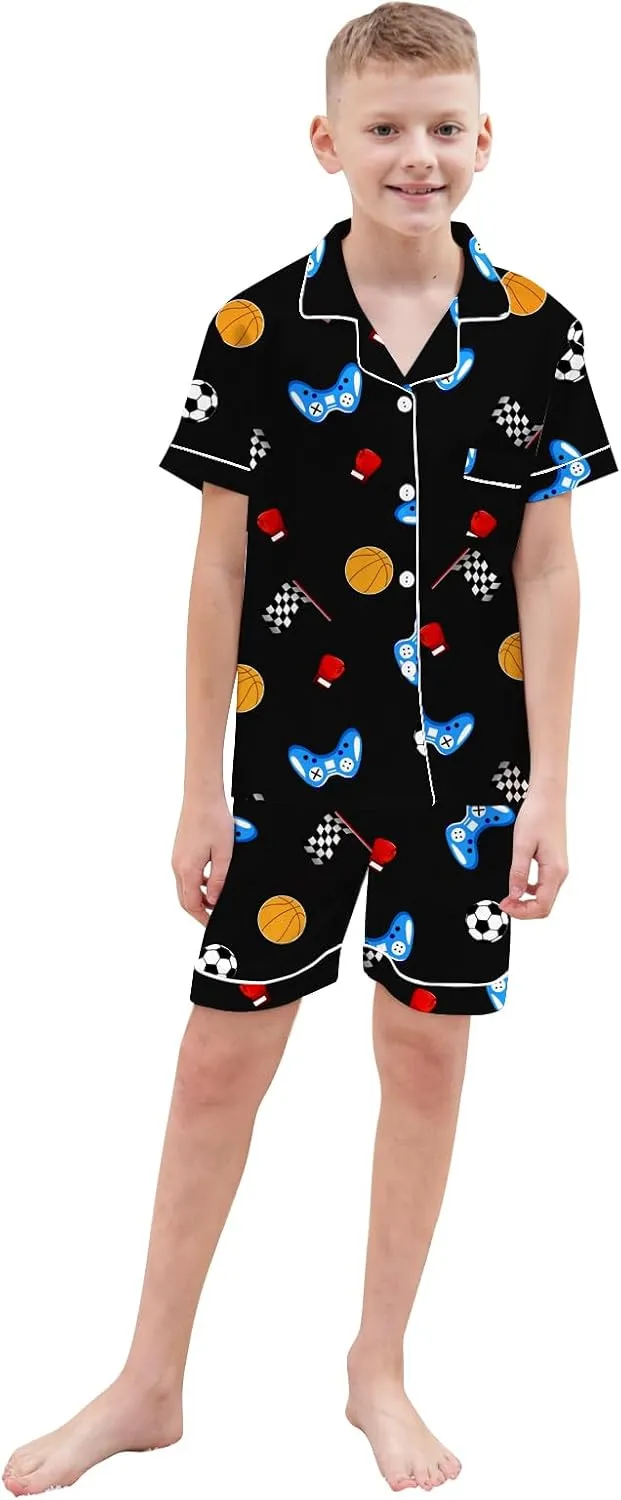 Boys & Mens Silk Pajamas Button Down Sleepwear Satin Nightwear 2 Pcs Pj Set