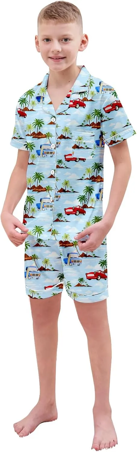 Boys & Mens Silk Pajamas Button Down Sleepwear Satin Nightwear 2 Pcs Pj Set