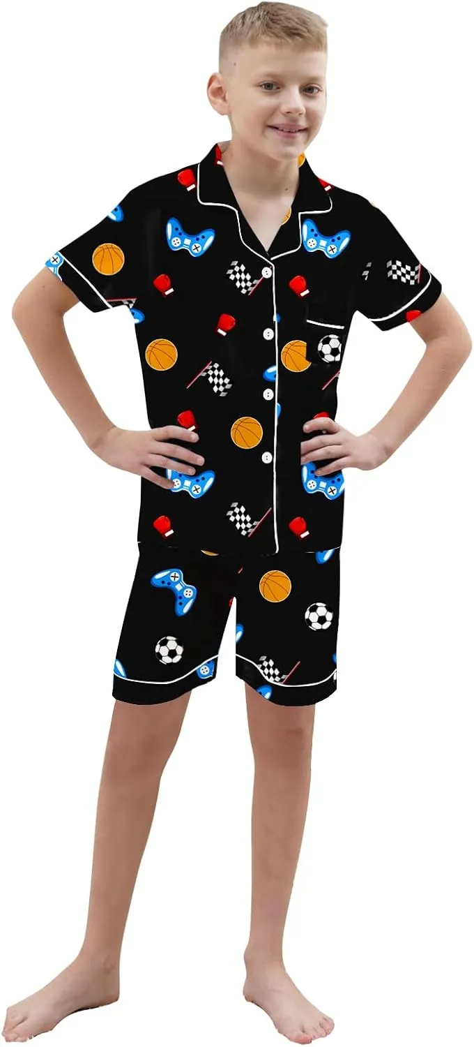 Boys & Mens Silk Pajamas Button Down Sleepwear Satin Nightwear 2 Pcs Pj Set