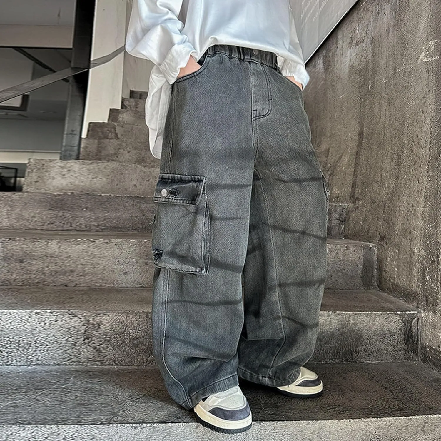 Boys Baggy Jeans Cargo Denim Pants Kids Wide Leg Trousers Flap Pocket Loose Fit Vintage Jeans Sport Tracksuit Wide Leg