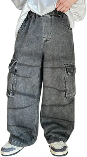 Boys Baggy Jeans Cargo Denim Pants Kids Wide Leg Trousers Flap Pocket Loose Fit Vintage Jeans Sport Tracksuit Wide Leg