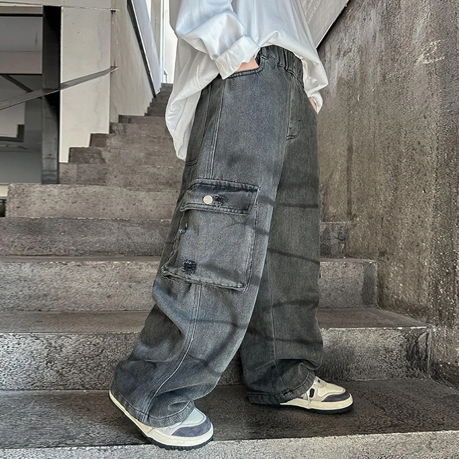 Boys Baggy Jeans Cargo Denim Pants Kids Wide Leg Trousers Flap Pocket Loose Fit Vintage Jeans Sport Tracksuit Wide Leg