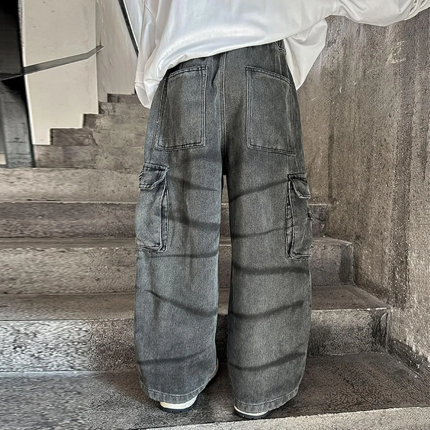 Boys Baggy Jeans Cargo Denim Pants Kids Wide Leg Trousers Flap Pocket Loose Fit Vintage Jeans Sport Tracksuit Wide Leg
