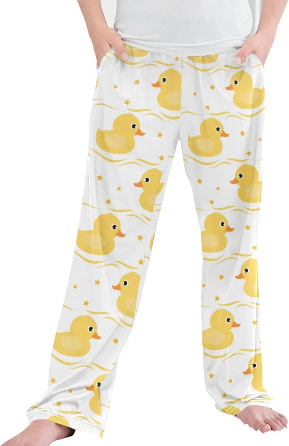 Boys' Pants Yellow Duck Little Stars Long Bottoms Cute Gold Strip Wave Jogger Pants Elastic Waist Trousers with Pockets S