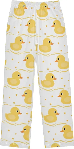 Boys' Pants Yellow Duck Little Stars Long Bottoms Cute Gold Strip Wave Jogger Pants Elastic Waist Trousers with Pockets S