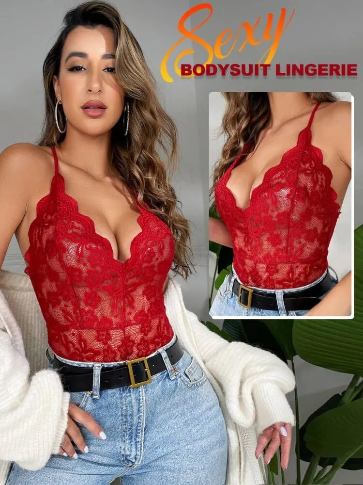 Buitifo Women Lace Bodysuit One Piece Babydoll Backless Mini Teddy V Neck Lingerie