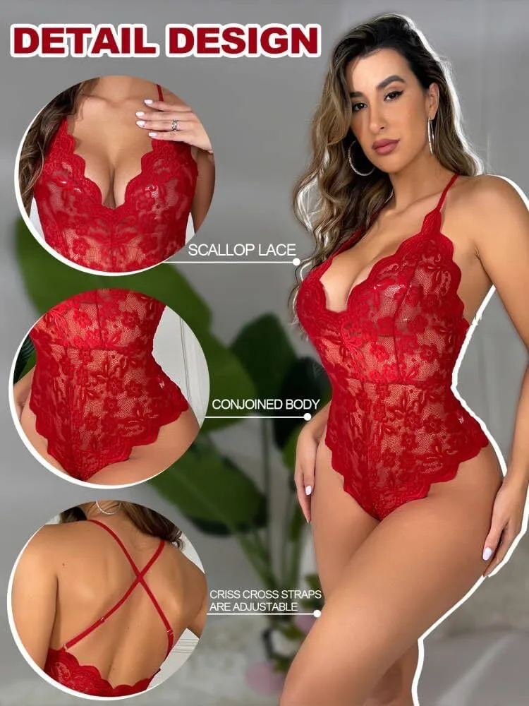 Buitifo Women Lace Bodysuit One Piece Babydoll Backless Mini Teddy V Neck Lingerie