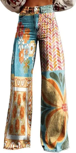 Casual High Waist Loose Cargo Pants Women Vintage Hippie Pants Trendy Wide Leg Trousers Print Straight Pants Halloween