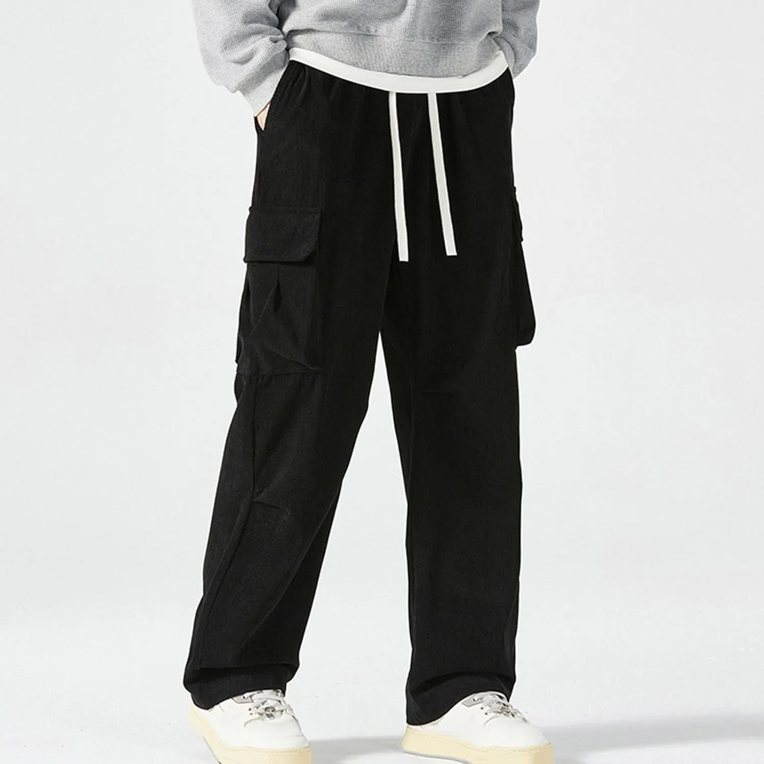 Corduroy Pants Men Straight Leg Trousers Baggy Elastic Waist Solid Casual Pant Lightweight Sweatpants Wide Leg Pants