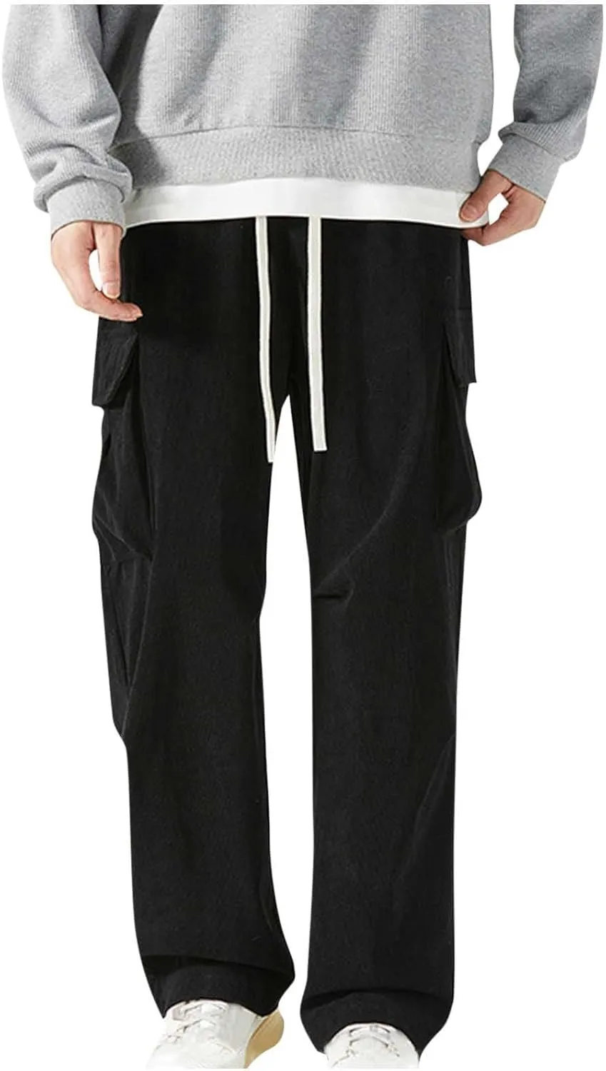 Corduroy Pants Men Straight Leg Trousers Baggy Elastic Waist Solid Casual Pant Lightweight Sweatpants Wide Leg Pants