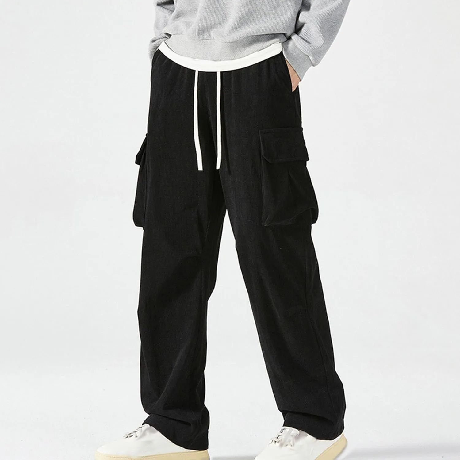 Corduroy Pants Men Straight Leg Trousers Baggy Elastic Waist Solid Casual Pant Lightweight Sweatpants Wide Leg Pants