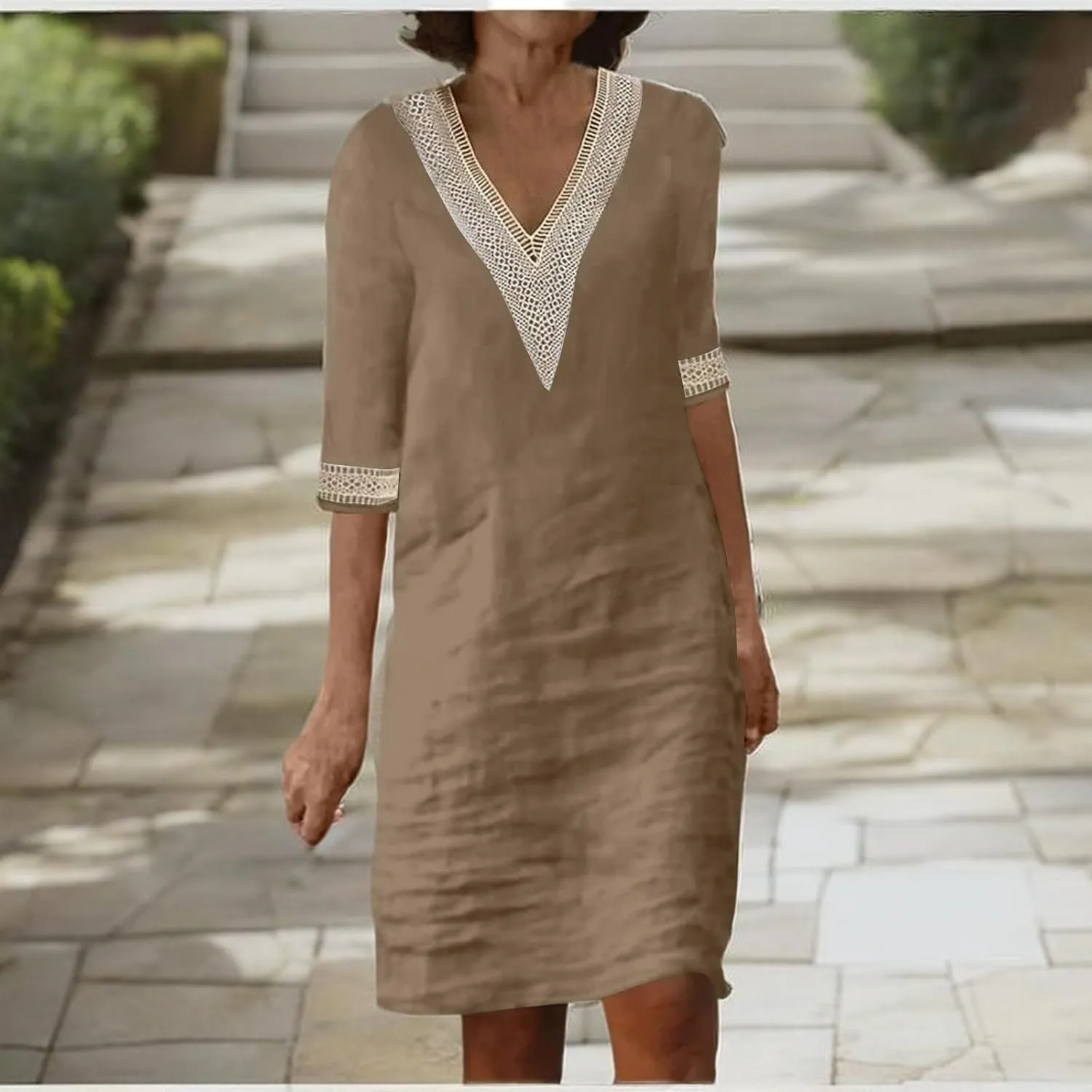 Cotton Linen Dresses for Women,2024 Summer Elegant Trendy V Neck 3/4 Sleeve Midi Dress,Casual Plain Beach Dress