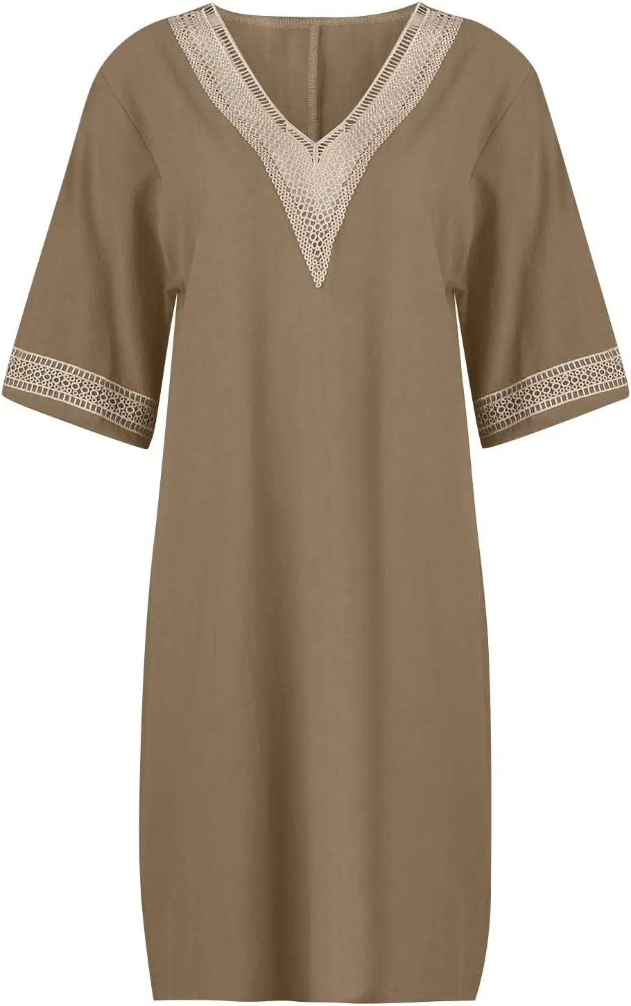 Cotton Linen Dresses for Women,2024 Summer Elegant Trendy V Neck 3/4 Sleeve Midi Dress,Casual Plain Beach Dress