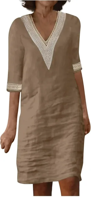 Cotton Linen Dresses for Women,2024 Summer Elegant Trendy V Neck 3/4 Sleeve Midi Dress,Casual Plain Beach Dress