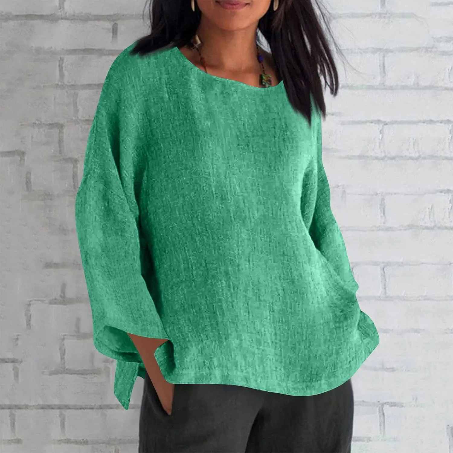 Cotton Linen Shirts for Women Solid Color Basic Long Sleeve Tee Tops Summer Casual Crew Neck Split Hem Tunic Blouses