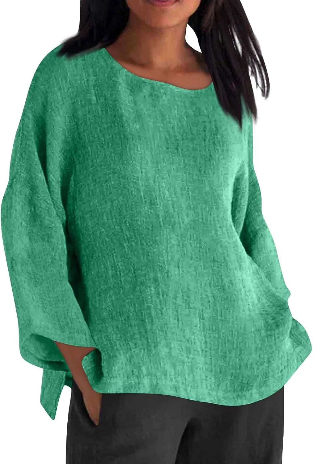 Cotton Linen Shirts for Women Solid Color Basic Long Sleeve Tee Tops Summer Casual Crew Neck Split Hem Tunic Blouses
