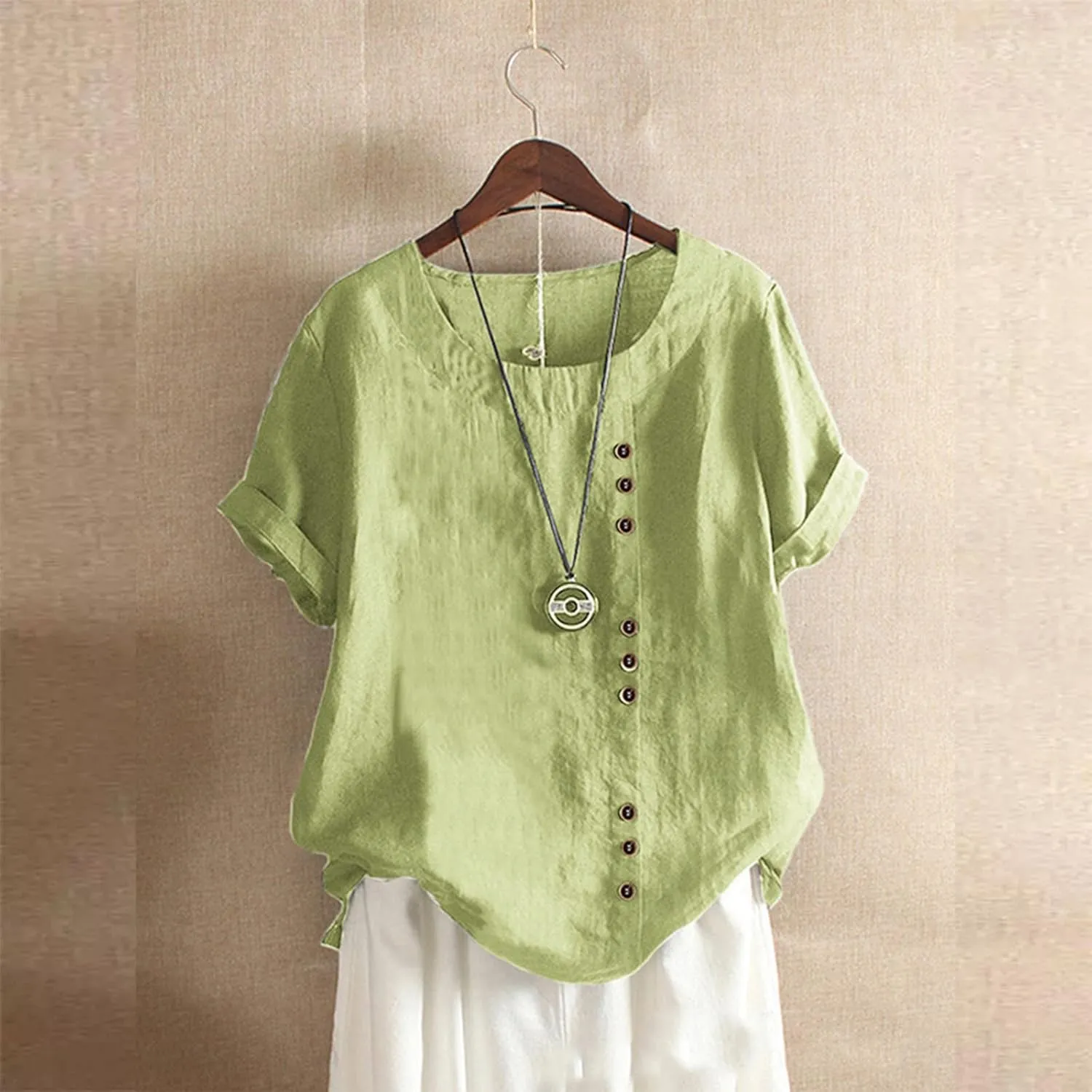 Cotton Linen Tops for Women Short Sleeve Round Neck T Shirts Oversized Embroidery Floral Printed Loose Blouses S-5XL