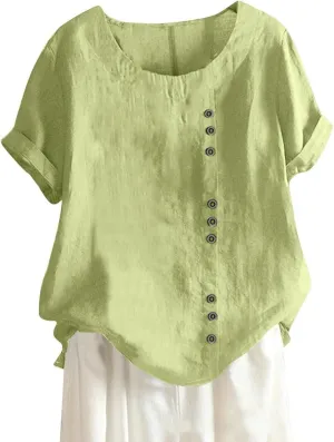 Cotton Linen Tops for Women Short Sleeve Round Neck T Shirts Oversized Embroidery Floral Printed Loose Blouses S-5XL