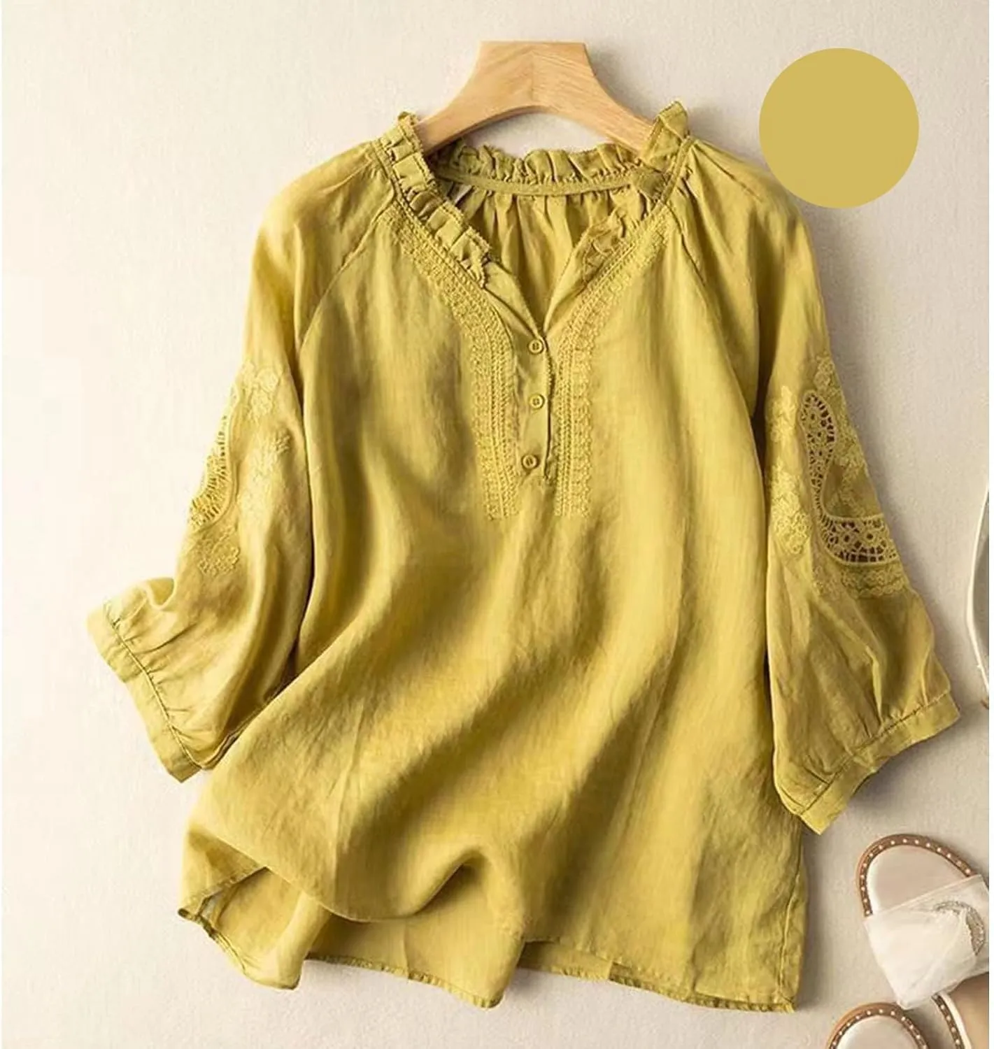 Cotton Linen Tops for Women Summer V Neck Tshirts 3/4 Sleeves Boho Embroidery Dressy Blouse 2025 Causal Loose Tunics