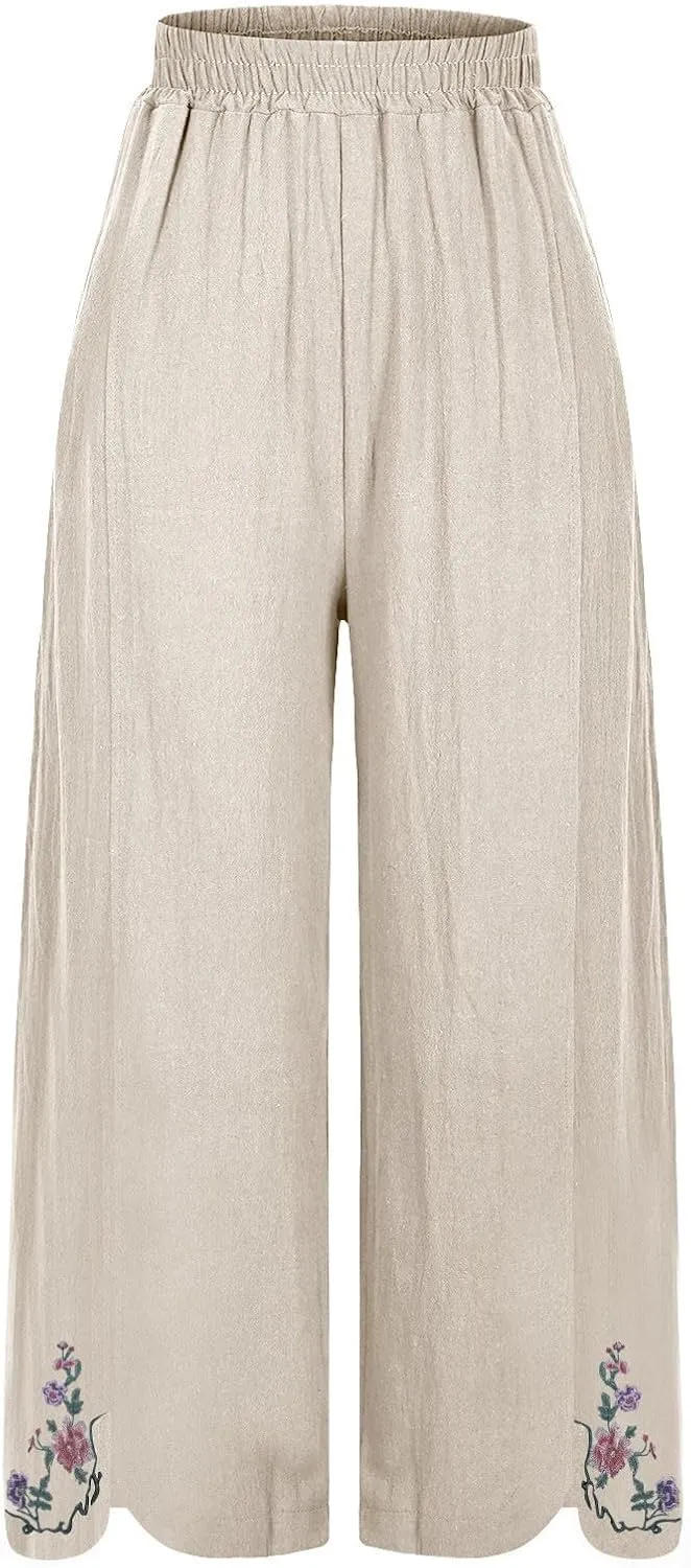 Cropped Linen Pants for Women Floral Embroidered Wide Leg Capri Pant High Elastic Waist Summer Trousers with Pockets