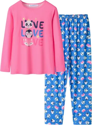 CYCHELRY Cute Cartoon Pajamas for Big Girls Soft Long Sleeve Winter Nighty PJS 2PCS Sleepwear Set Size 6-16